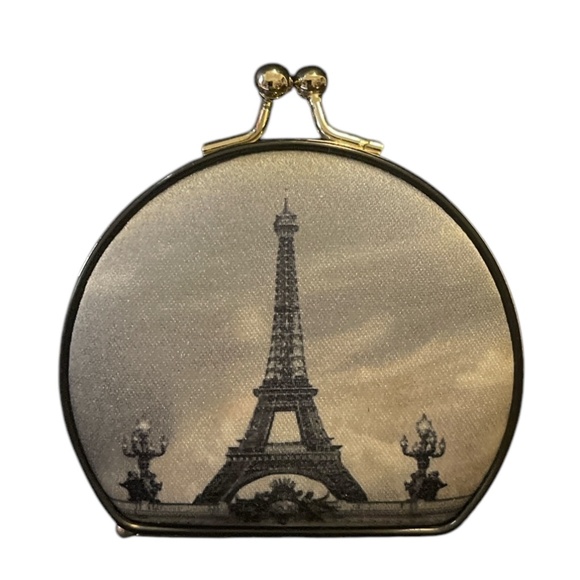Vintage Eiffel Tower Soft Sided Double Mirror Compact w/ Rhinestones Kiss Lock - Picture 2 of 6